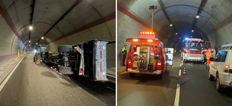 Foto vigili del fuoco di Borgo Valsugana Il rimorchio del trattore si ribalta in galleria, nell’incidente coinvolto anche un furgone: due feriti all’ospedale
